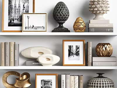 Decorative Ornament Set With Framed Black And White Photos Stacked Books And Gold Geometric Sculptures 3d model