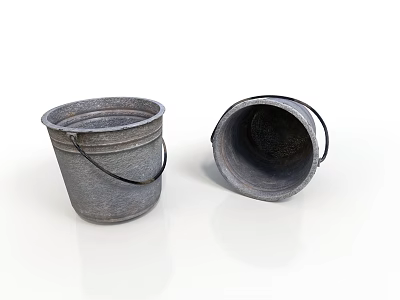 Two Durable Gray Metal Buckets With Handles For Everyday Home Use 3d model