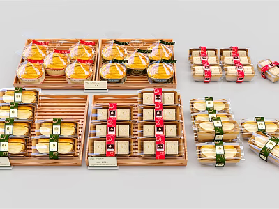 Assorted Packaged Pastries On Bamboo Trays With Various Types And Labels 3d model
