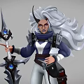 Woman With Silver Hair And Horns In Blue White Outfit Holding Spear With Blue Gem