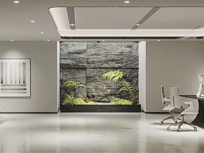 Modern Open Office Interior With Stone Wall Green Plants Water Feature Desk And Office Chairs 3d model