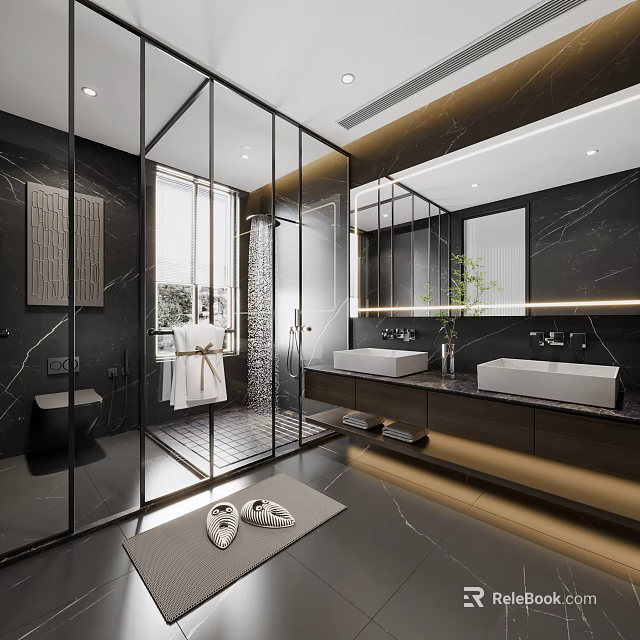 Modern Luxury Bathroom Interior With Marble Countertops Double Vanity Glass Shower And Large Mirror 3d model 