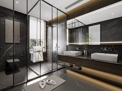 Modern Luxury Bathroom Interior With Marble Countertops Double Vanity Glass Shower And Large Mirror 3d model