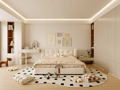 Bedroom Interior Design With Soft Beige Bed Wall Art Bookshelves Study Desk And Geometric Rug 3d model