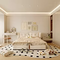 Bedroom Interior Design With Soft Beige Bed Wall Art Bookshelves Study Desk And Geometric Rug