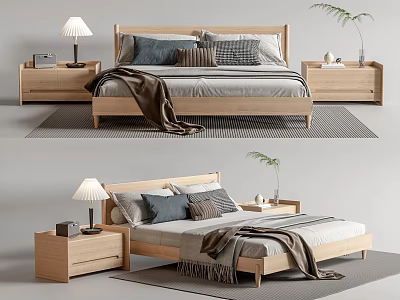 Minimalist Modern Wooden Double Bed With Nightstands Table Lamp Pillows And Blanket 3d model
