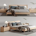 Minimalist Modern Wooden Double Bed With Nightstands Table Lamp Pillows And Blanket