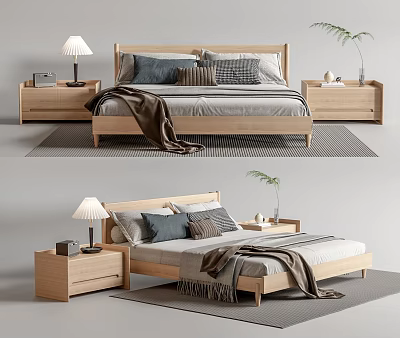 Minimalist Modern Wooden Double Bed With Nightstands Table Lamp Pillows And Blanket 3d model