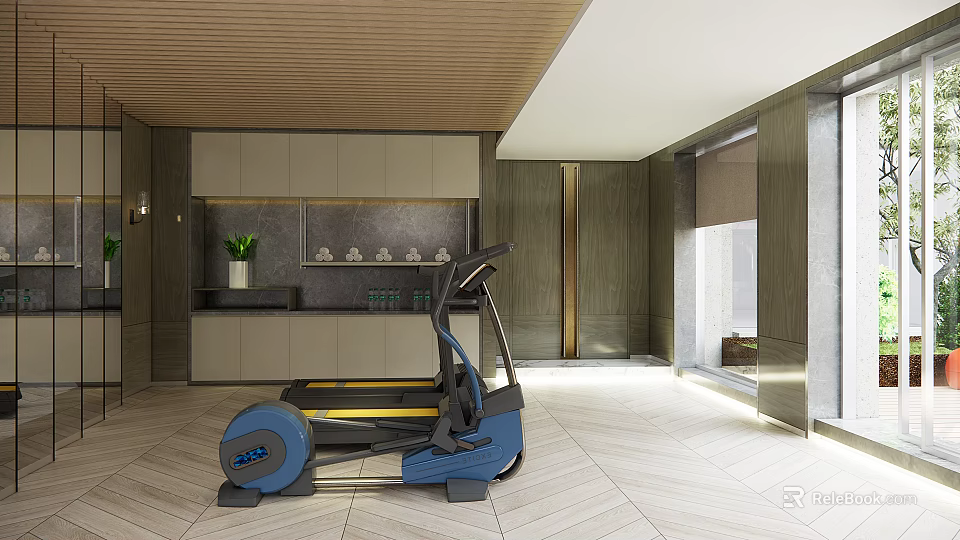 Modern Fitness Room Interior With Elliptical Trainer Wooden Ceiling And Green Plant 3d model 