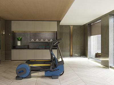 Modern Fitness Room Interior With Elliptical Trainer Wooden Ceiling And Green Plant 3d model