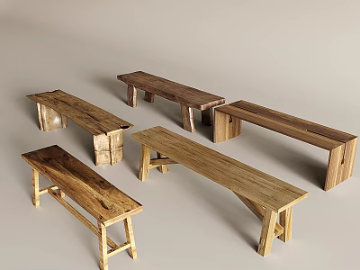 Various Wooden Benches With Different Designs And Natural Wood Textures 3d model