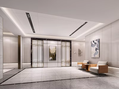 Modern Front Desk Reception Area With Marble Flooring Glass Doors And Decorative Artwork 3d model
