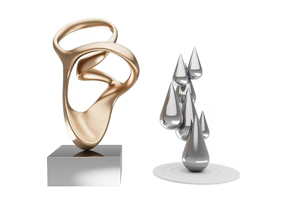 Abstract Golden Curved Loop and Silver Teardrop Shaped Sculptures on Square and Circular Bases 3d model