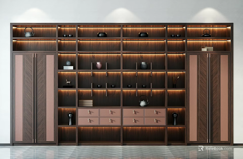 Modern Wooden Storage Cabinet Rack with Multiple Shelves Drawers and Illuminated Decorative Items 3d model 