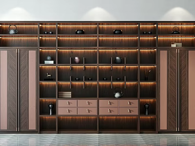 Modern Wooden Storage Cabinet Rack with Multiple Shelves Drawers and Illuminated Decorative Items 3d model