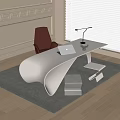 Modern White Office Desk with Laptop Desk Lamp near Red Chair and Window on Carpet