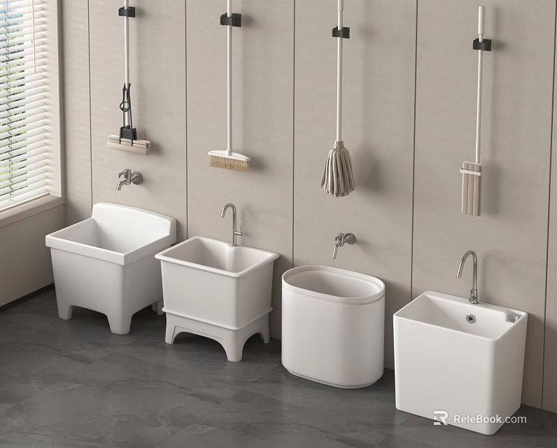 Modern Utility Room Interior With White Mop Sinks Faucets And Wall Mounted Cleaning Tools 3d model 