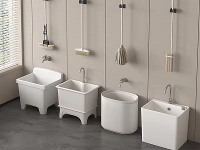 Modern Utility Room Interior With White Mop Sinks Faucets And Wall Mounted Cleaning Tools 3d model