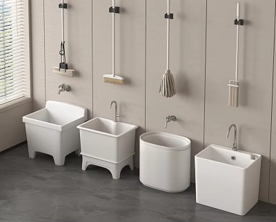 Modern Utility Room Interior With White Mop Sinks Faucets And Wall Mounted Cleaning Tools 3d model