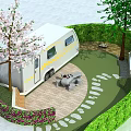 Scenic Outdoor Caravan Area With Cherry Blossom Trees Dining Table Paved Patio And Green Grass