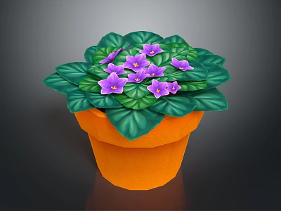 Cartoon Potted Plant With Green Leaves And Purple Flowers In Orange Pot 3d model