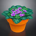 Cartoon Potted Plant With Green Leaves And Purple Flowers In Orange Pot