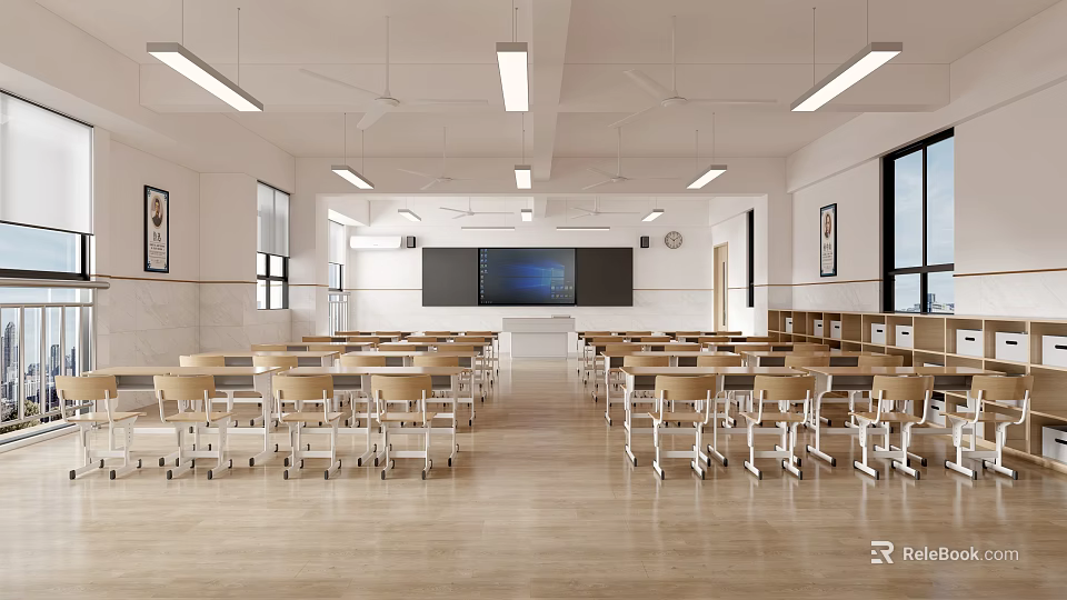 School Classroom Bright Spacious Interior With Desks Chairs Blackboard Windows Ceiling Lights And Fans 3d model 