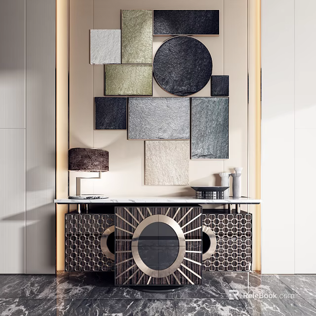 Modern Entryway Console Table And Side Cabinet With Geometric Wall Decor Table Lamp And Vase 3d model