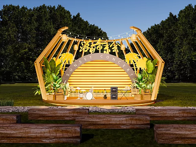 Wooden Music Festival Stage With Palm Leaves Drum Set And Forest Background 3d model