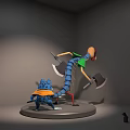 Cartoon Centipede In Green Shirt With Axes And Scared Blue Frog On Gray Platform