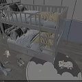 Wooden Bunk Bed in Kids Room Interior with Stuffed Toys and Round Play Rug