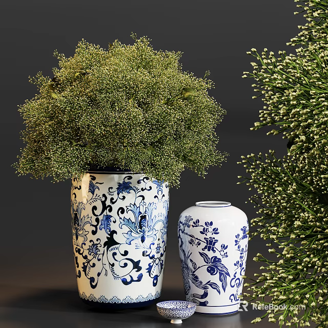 Blue and White Vases with Floral Bird Patterns and Green Flower Bouquets 3d model 