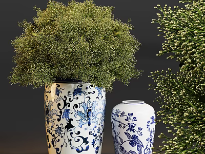 Blue and White Vases with Floral Bird Patterns and Green Flower Bouquets 3d model