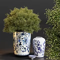 Blue and White Vases with Floral Bird Patterns and Green Flower Bouquets