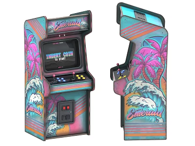 Colorful Arcade Machine With Palm Tree Wave Design And Treasure Quest Game 3d model