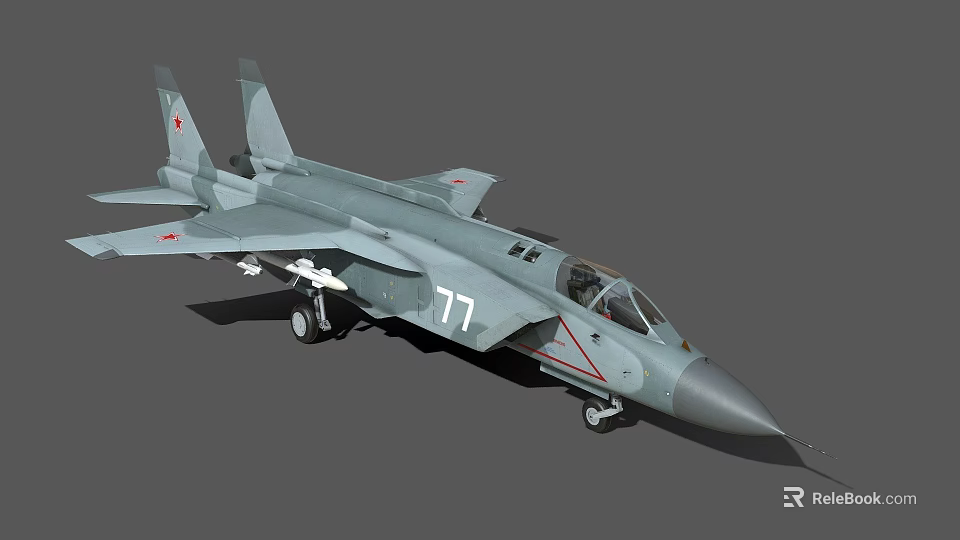Gray Military Fighter Jet 3D Model With Number 77 And Red Star Markings 3d model 