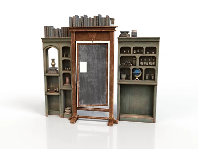 Vintage Wooden Bookshelves Chalkboard And Display Shelves With Old Books Decor Items 3d model