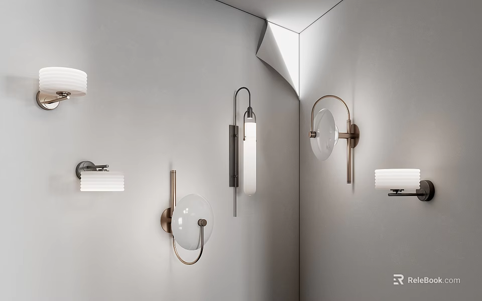 Modern Wall Lamps with Various Stylish Designs Mounted on Gray Wall for Contemporary Decor 3d model 