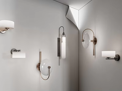 Modern Wall Lamps with Various Stylish Designs Mounted on Gray Wall for Contemporary Decor 3d model