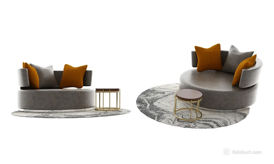 Gray Single Sofa With Orange Cushions And Small Side Table On Marble Rug 3d model