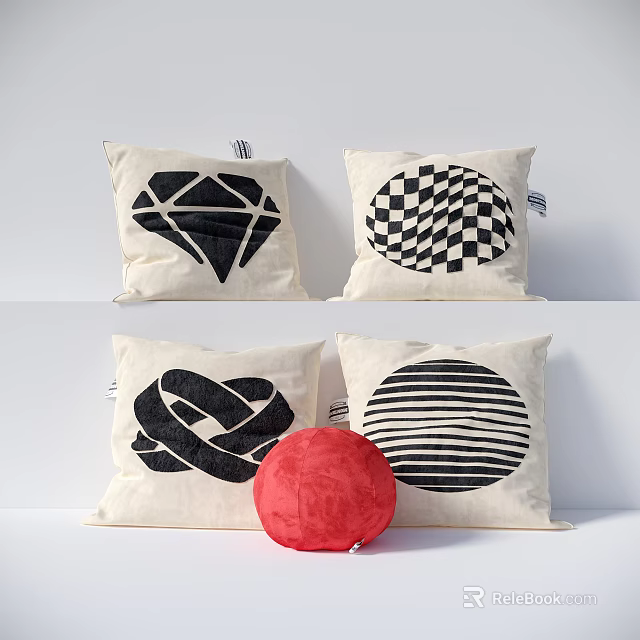 Decorative Pillows with Diamond Checkered Knot and Striped Circle Patterns Including Red Round Design 3d model