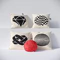 Decorative Pillows with Diamond Checkered Knot and Striped Circle Patterns Including Red Round Design 3d model