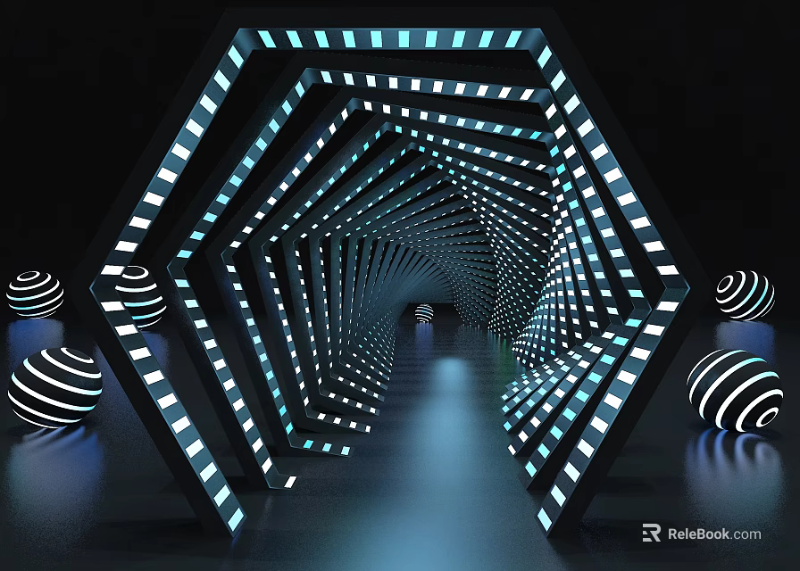 Futuristic Club Interior With Hexagonal Light Frames Sleek Floor And Circular Objects 3d model