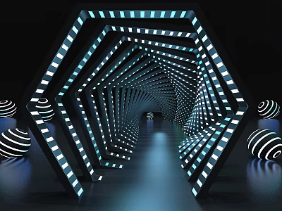 Futuristic Club Interior With Hexagonal Light Frames Sleek Floor And Circular Objects 3d model