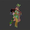 3D Model Female Witch With Red Hair Green Clothing And Decorative Hat In Sitting Pose