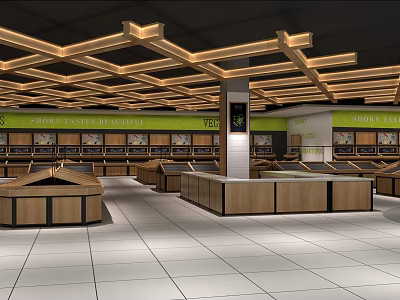 Modern Supermarket Department Store Interior With Wooden Shelves Display Counters And Ceiling Design 3d model