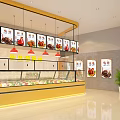 Modern Restaurant Interior With Display Counter Menu Posters Red Pendant Lights And Yellow Frame