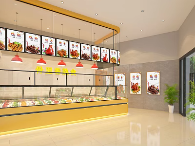 Modern Restaurant Interior With Display Counter Menu Posters Red Pendant Lights And Yellow Frame 3d model