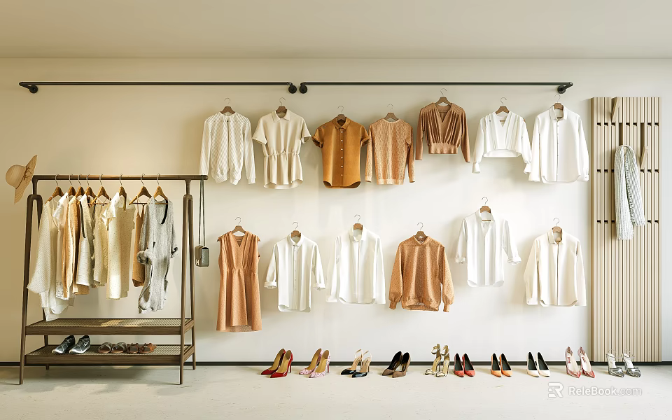 Stylish Clothes Hangers With White Beige Brown Garments And Shoes 3d model 