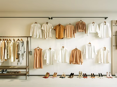 Stylish Clothes Hangers With White Beige Brown Garments And Shoes 3d model